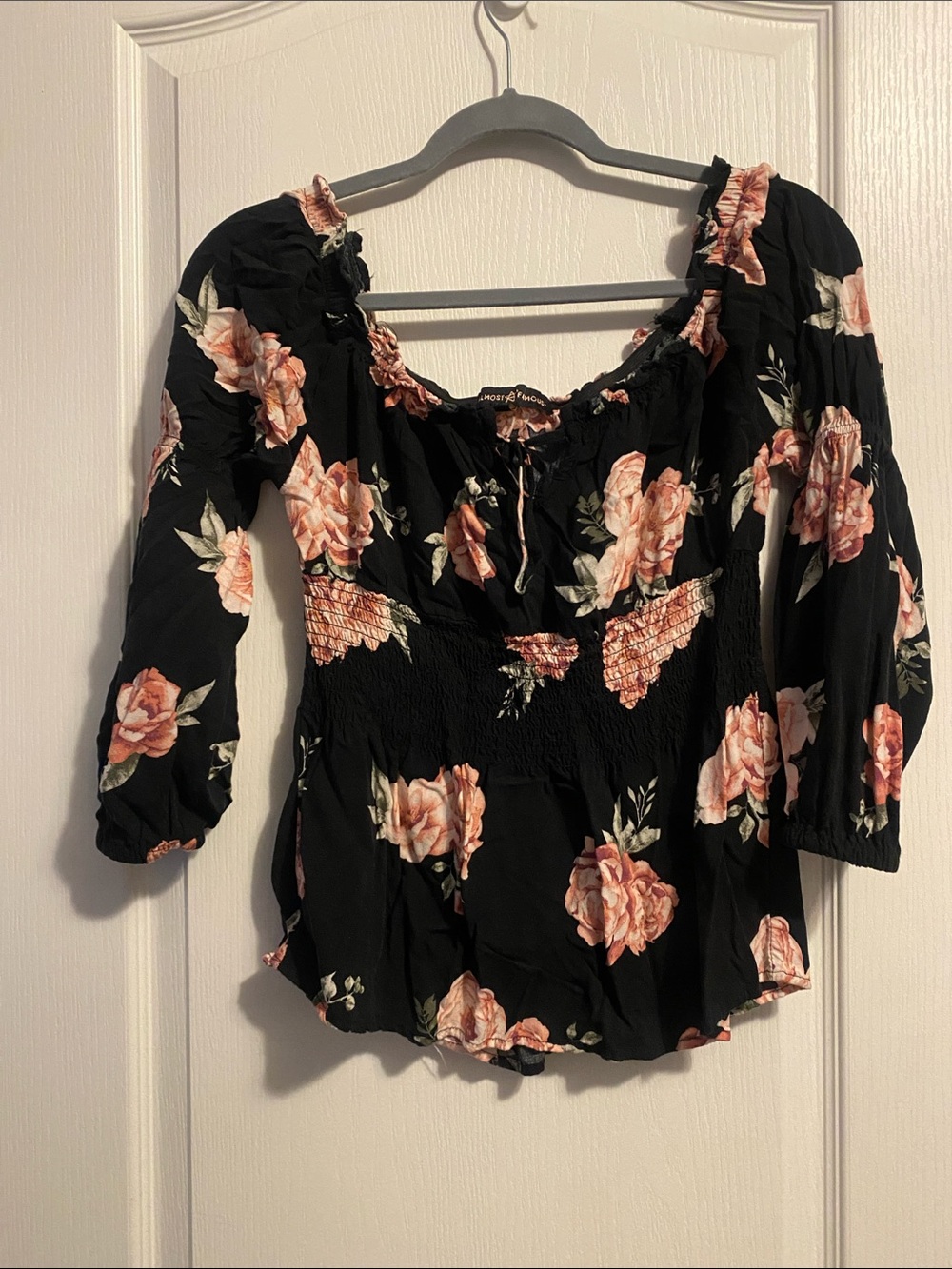 Floral Smocked Peasant Top - Black with Pink Roses